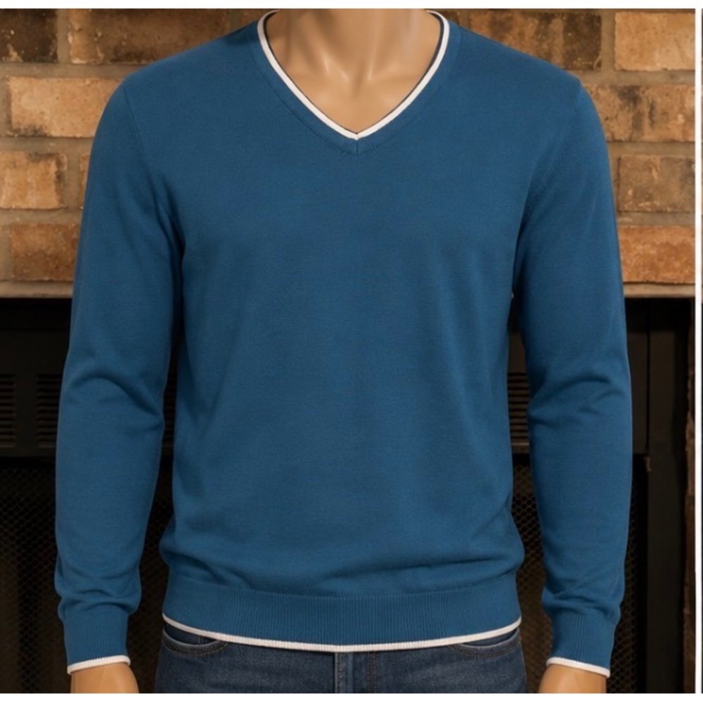 Mens Teal Blue V-Neck Sweater White Contrast‎ Trim Pullover Knit Top